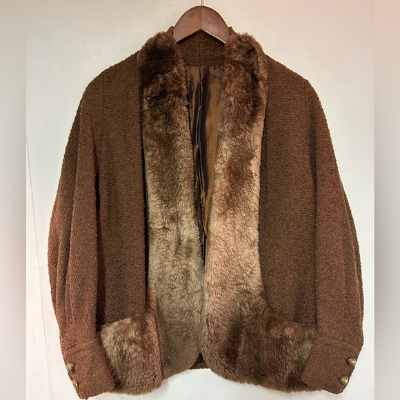 VINTAGE 1940s Beaver Fur Wool Kraeler Coat Women’s Medium Brown Bakelite Jacket - Picture 2 of 10